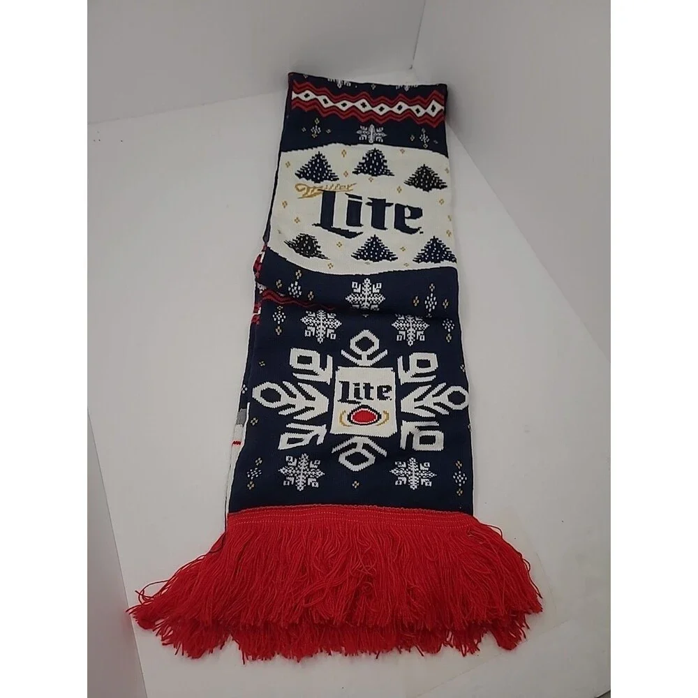 Miller Lite Beer Knit Holiday Scarf Ugly Christmas Sweater Theme w/ Reindeer